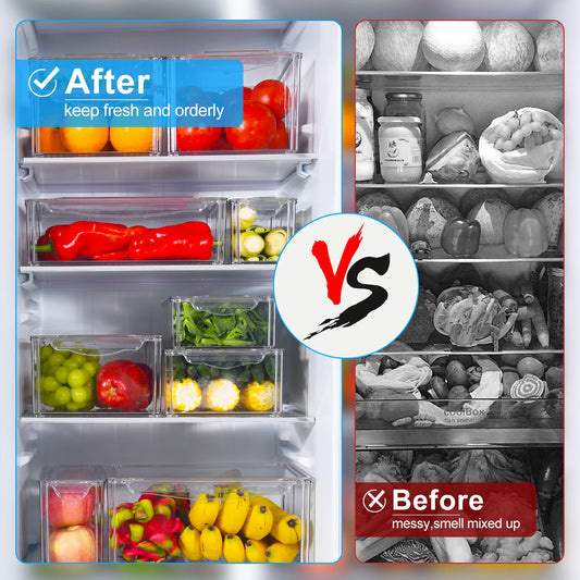 14 Pcs Fridge Organizers and Storage, Clear, Stackable with Lids for Fruit & Vegetables