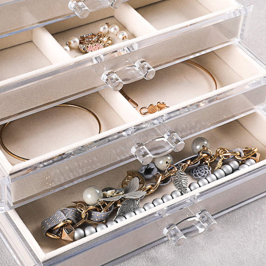 Extra Large Acrylic Jewelry Box for Women Girls 5 Layers Clear Velvet Earring Organizer with 5 Drawers Rings Display Case Necklaces Holder Tray (Beige)
