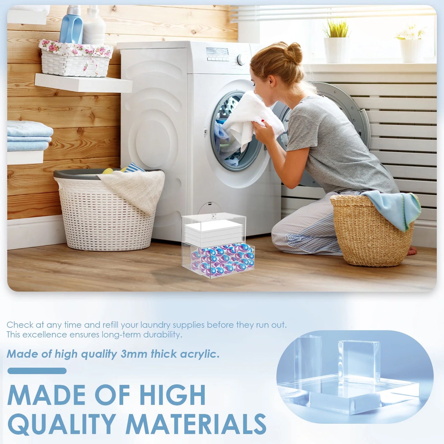 Dryer Sheet Holder Acrylic Dryer Sheet Holder with Drawer and Bamboo Lid Clear Laundry Room Organization and Storage Dryer Sheet Laundry Pods Containter Box for Laundry Room Decor