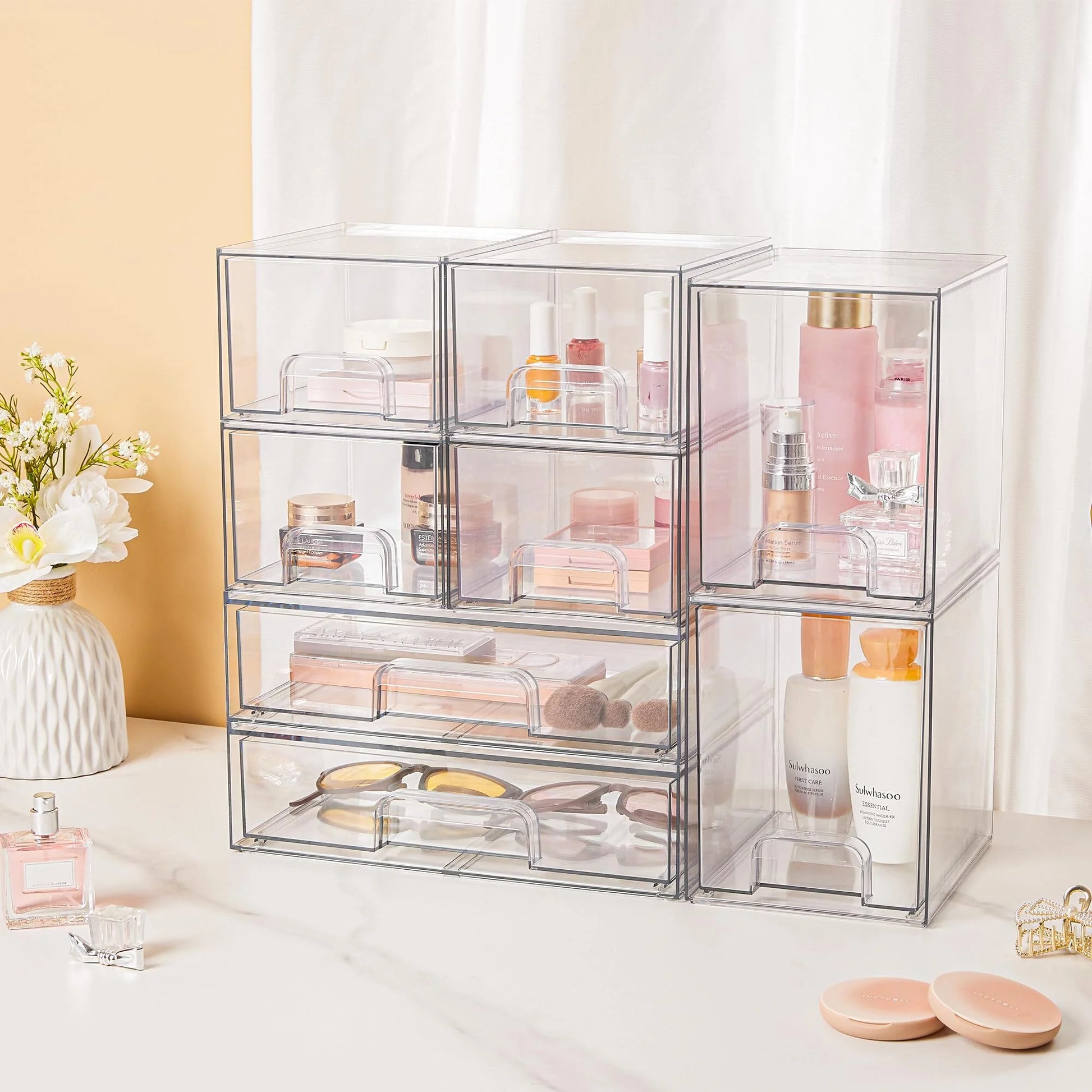 Stackable Storage Drawers Set of 4,Clear Plastic Organizer Bins for Makeup, Cosmetics, Beauty Supplies