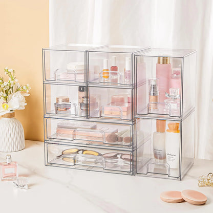Stackable Storage Drawers Set of 4,Clear Plastic Organizer Bins for Makeup, Cosmetics, Beauty Supplies