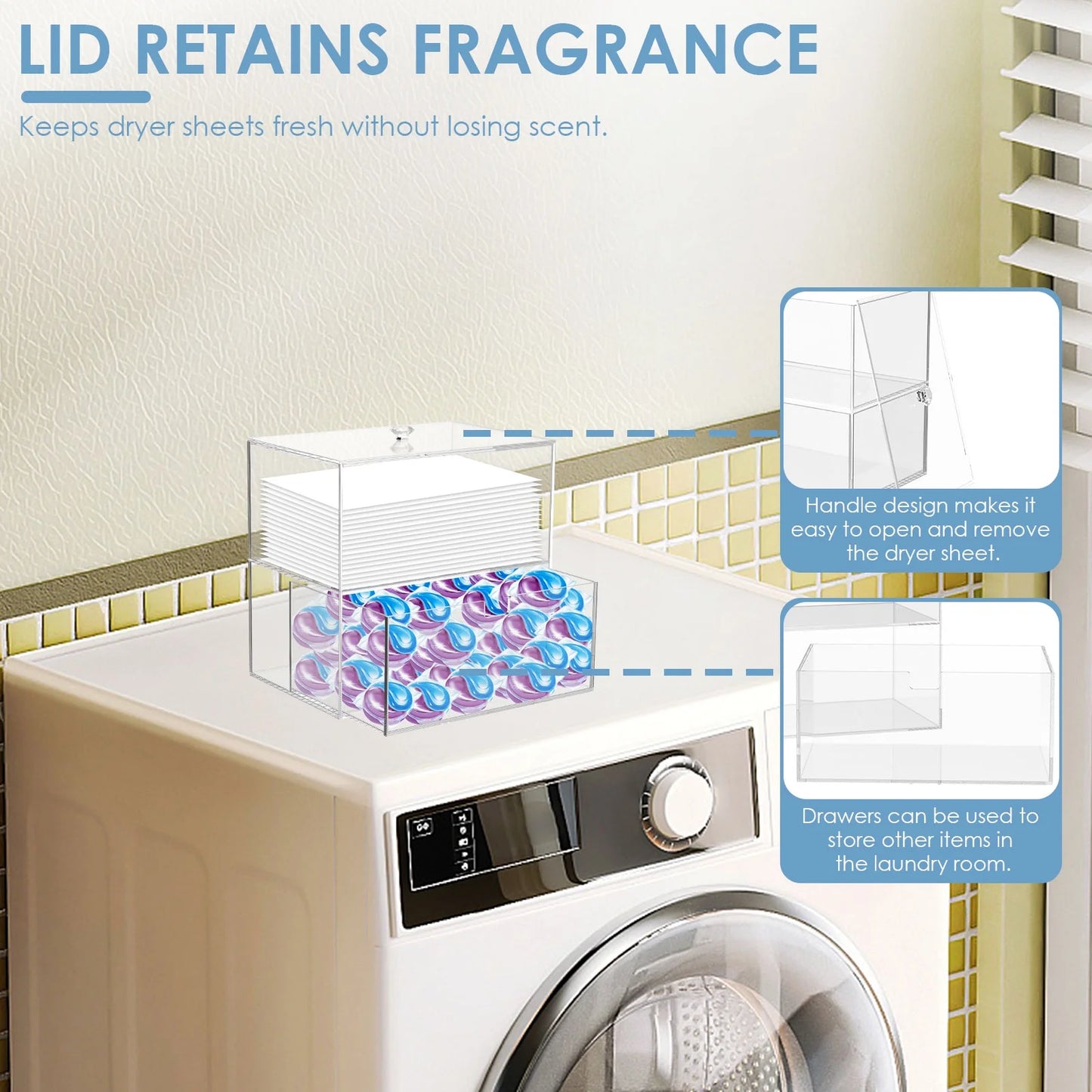 Dryer Sheet Holder Acrylic Dryer Sheet Holder with Drawer and Bamboo Lid Clear Laundry Room Organization and Storage Dryer Sheet Laundry Pods Containter Box for Laundry Room Decor