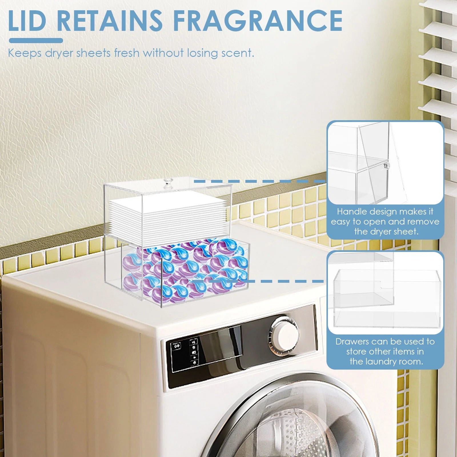 Dryer Sheet Holder Acrylic Dryer Sheet Holder with Drawer and Bamboo Lid Clear Laundry Room Organization and Storage Dryer Sheet Laundry Pods Containter Box for Laundry Room Decor