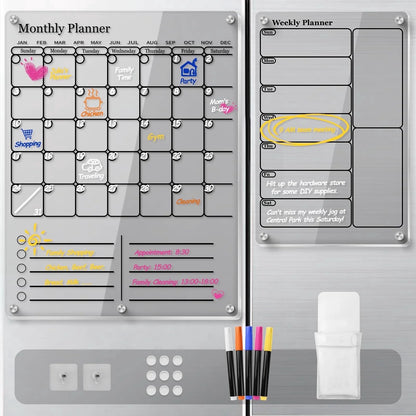 Acrylic Magnetic Dry Erase Calendar for Fridge, 2 in 1 Clear Weekly Monthly Planner Whiteboard Calendar to Do List Board for Refrigerator Kitchen Menu Board Meal Planner (2 Pack, Black)