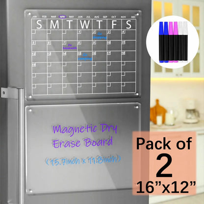 2 Pack 16"X 12" Acrylic Magnetic Dry Erase Calendar Board for Fridge, Monthly Clear Calendar for Refrigerator, Acrylic Whiteboard Memo Planning Board, Includes 6 Dry Erase Markers with 3 Colors
