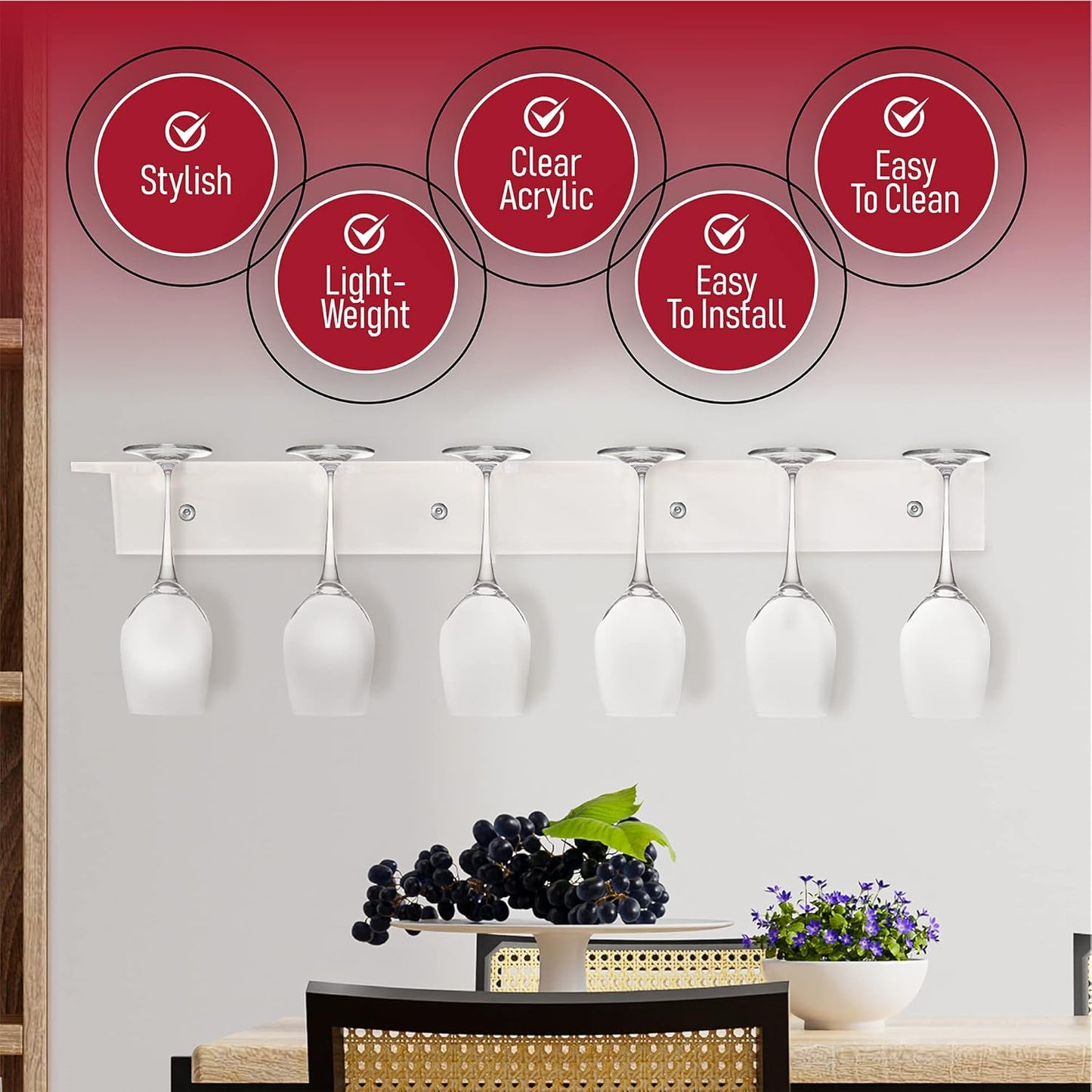 Wall-Mounted Champagne and Wine Glass Holder Rack in Acrylic