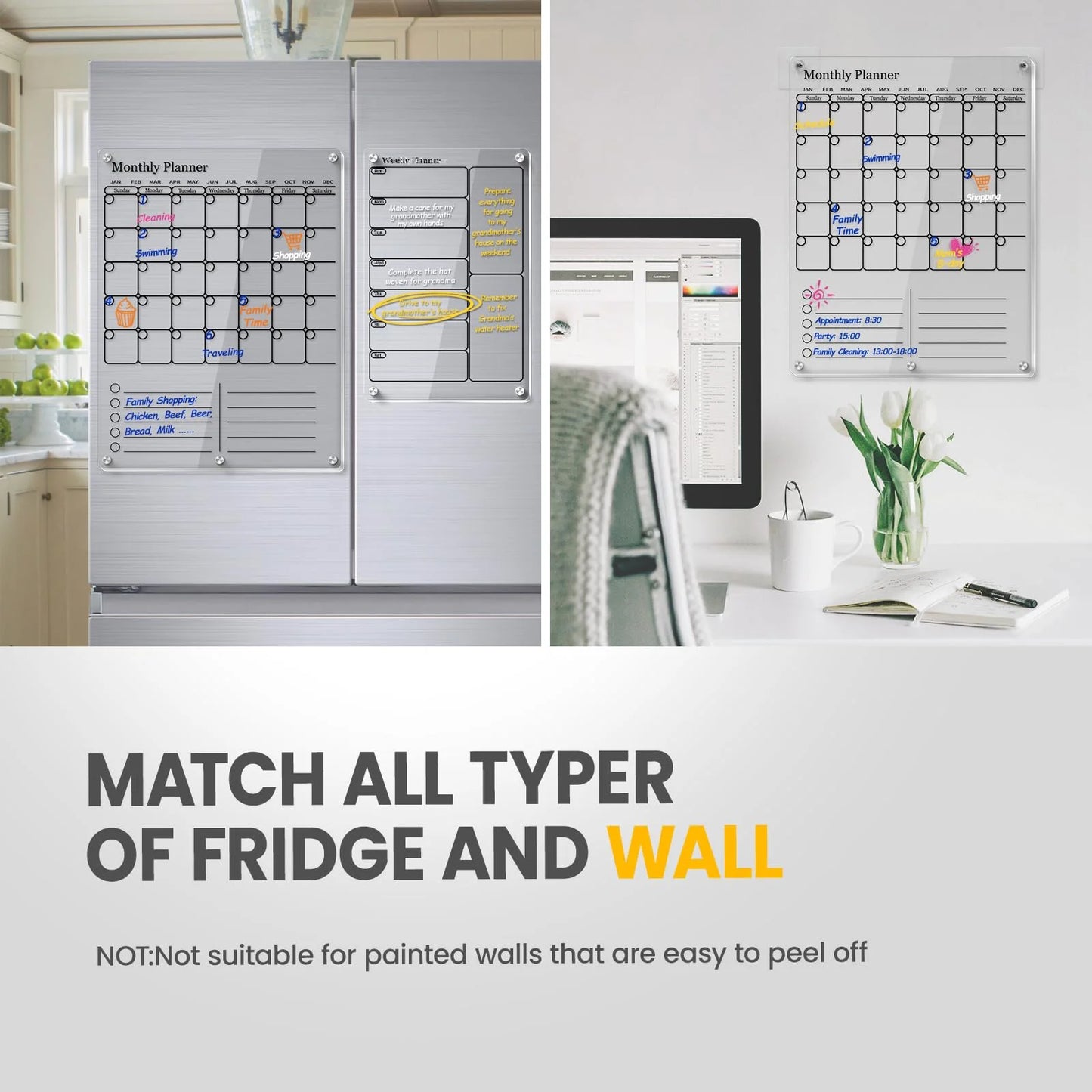 Acrylic Magnetic Dry Erase Calendar for Fridge, 2 in 1 Clear Weekly Monthly Planner Whiteboard Calendar to Do List Board for Refrigerator Kitchen Menu Board Meal Planner (2 Pack, Black)