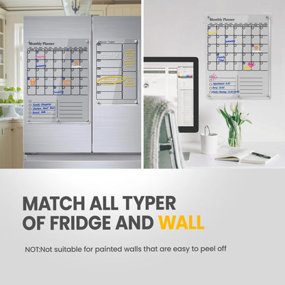 Acrylic Magnetic Dry Erase Calendar for Fridge, 2 in 1 Clear Weekly Monthly Planner Whiteboard Calendar to Do List Board for Refrigerator Kitchen Menu Board Meal Planner (2 Pack, Black)