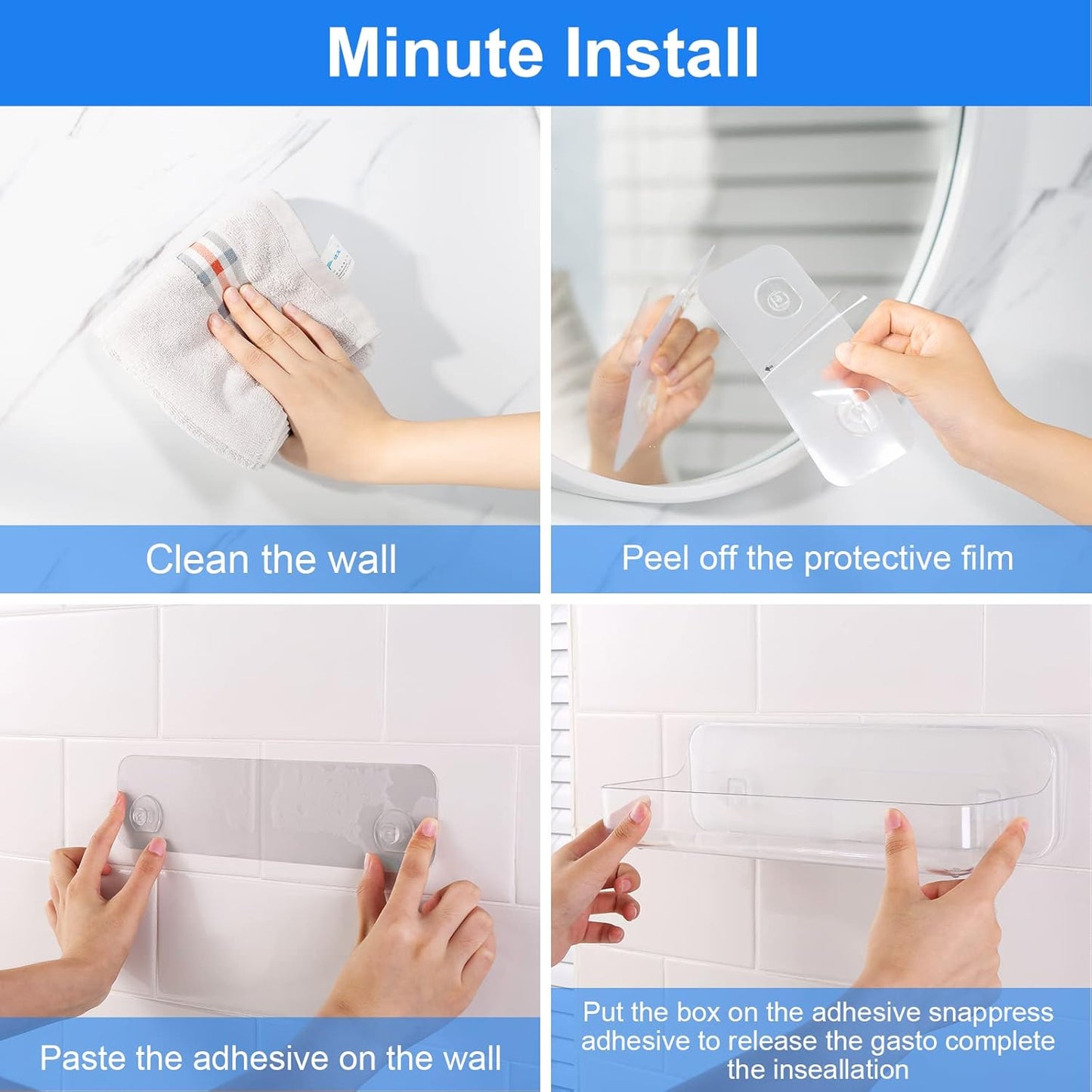 Acrylic Wall Mounted Shower Caddy, Clear, Large Size 4D X 12.8" W X 3.3" H, Acrylic Shelf, No Drilling Walls Adhesive Shelf, Bathroom Shelves with Self Adhesive Tape for Bathroom, Kitchen