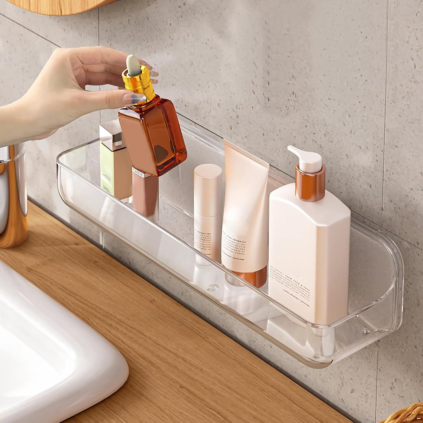 Acrylic Wall Mounted Shower Caddy, Clear, Large Size 4D X 12.8" W X 3.3" H, Acrylic Shelf, No Drilling Walls Adhesive Shelf, Bathroom Shelves with Self Adhesive Tape for Bathroom, Kitchen