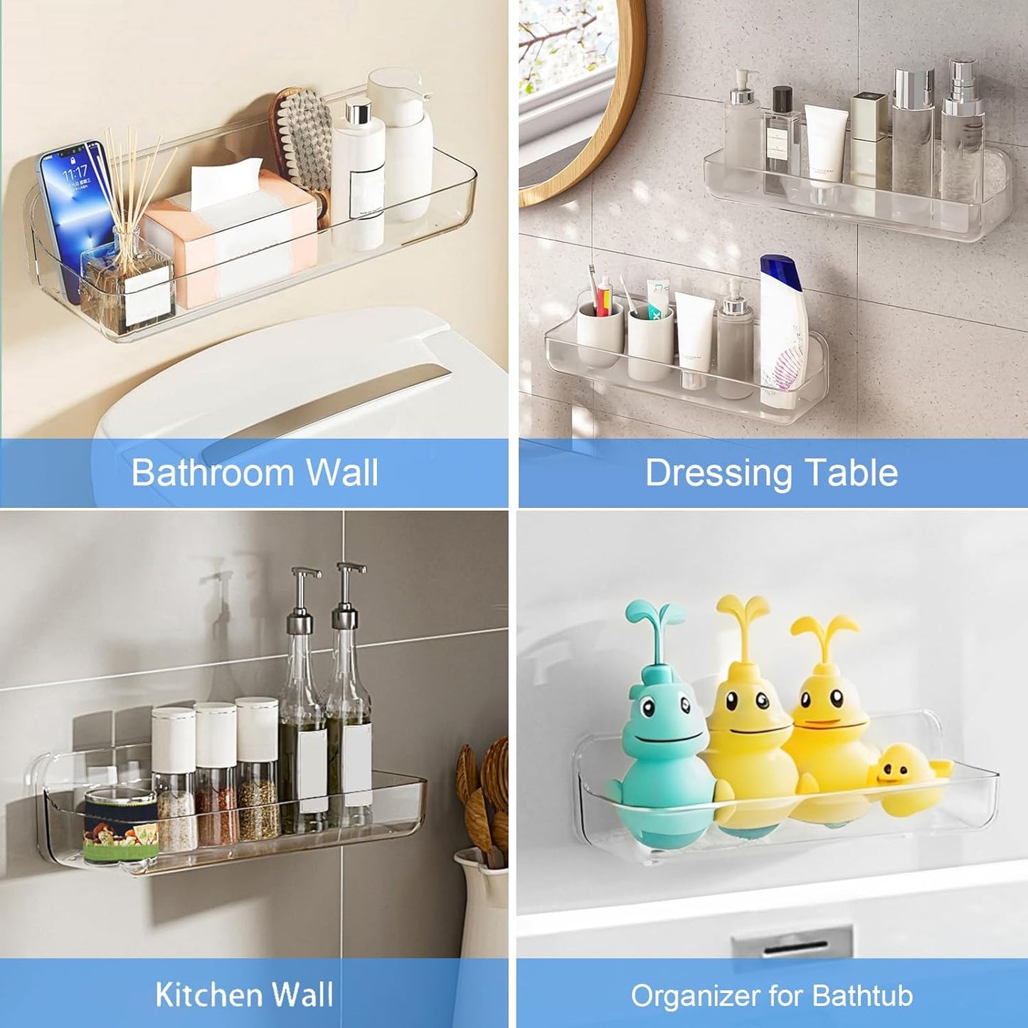 Acrylic Wall Mounted Shower Caddy, Clear, Large Size 4D X 12.8" W X 3.3" H, Acrylic Shelf, No Drilling Walls Adhesive Shelf, Bathroom Shelves with Self Adhesive Tape for Bathroom, Kitchen