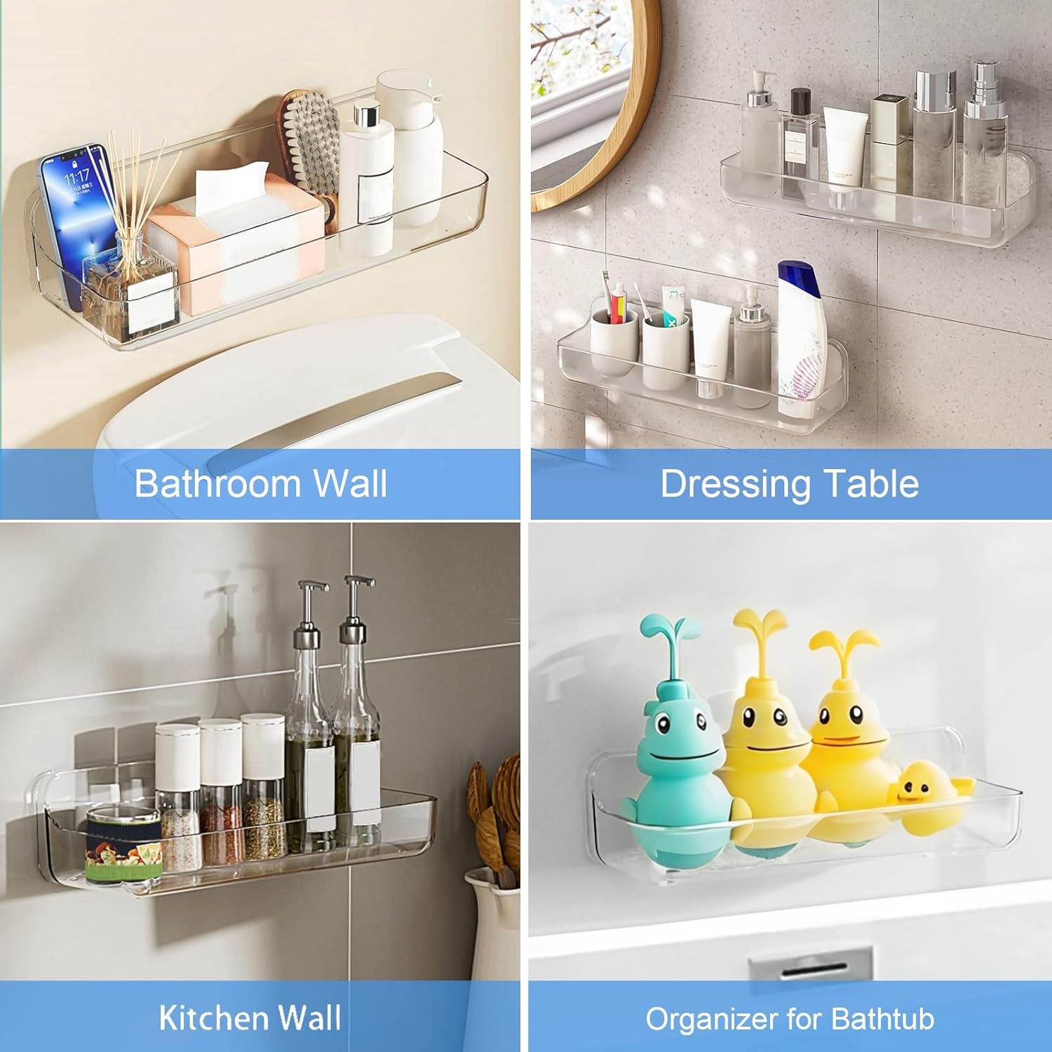 Acrylic Wall Mounted Shower Caddy, Clear, Large Size 4D X 12.8" W X 3.3" H, Acrylic Shelf, No Drilling Walls Adhesive Shelf, Bathroom Shelves with Self Adhesive Tape for Bathroom, Kitchen