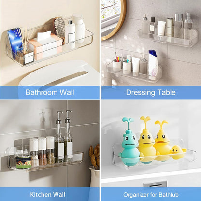 Acrylic Wall Mounted Shower Caddy, Clear, Large Size 4D X 12.8" W X 3.3" H, Acrylic Shelf, No Drilling Walls Adhesive Shelf, Bathroom Shelves with Self Adhesive Tape for Bathroom, Kitchen