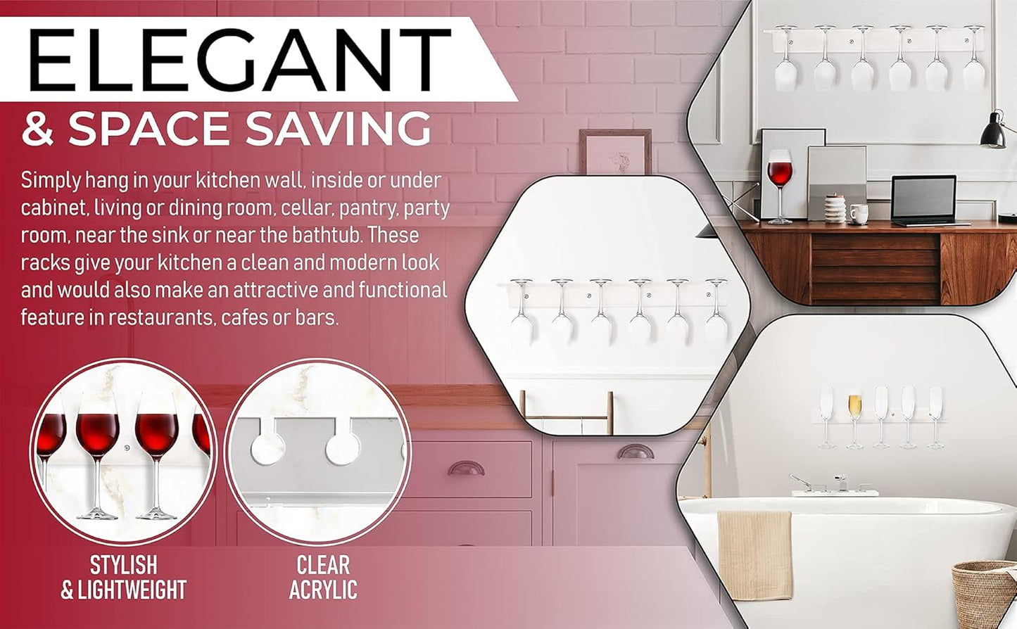 Wall-Mounted Champagne and Wine Glass Holder Rack in Acrylic