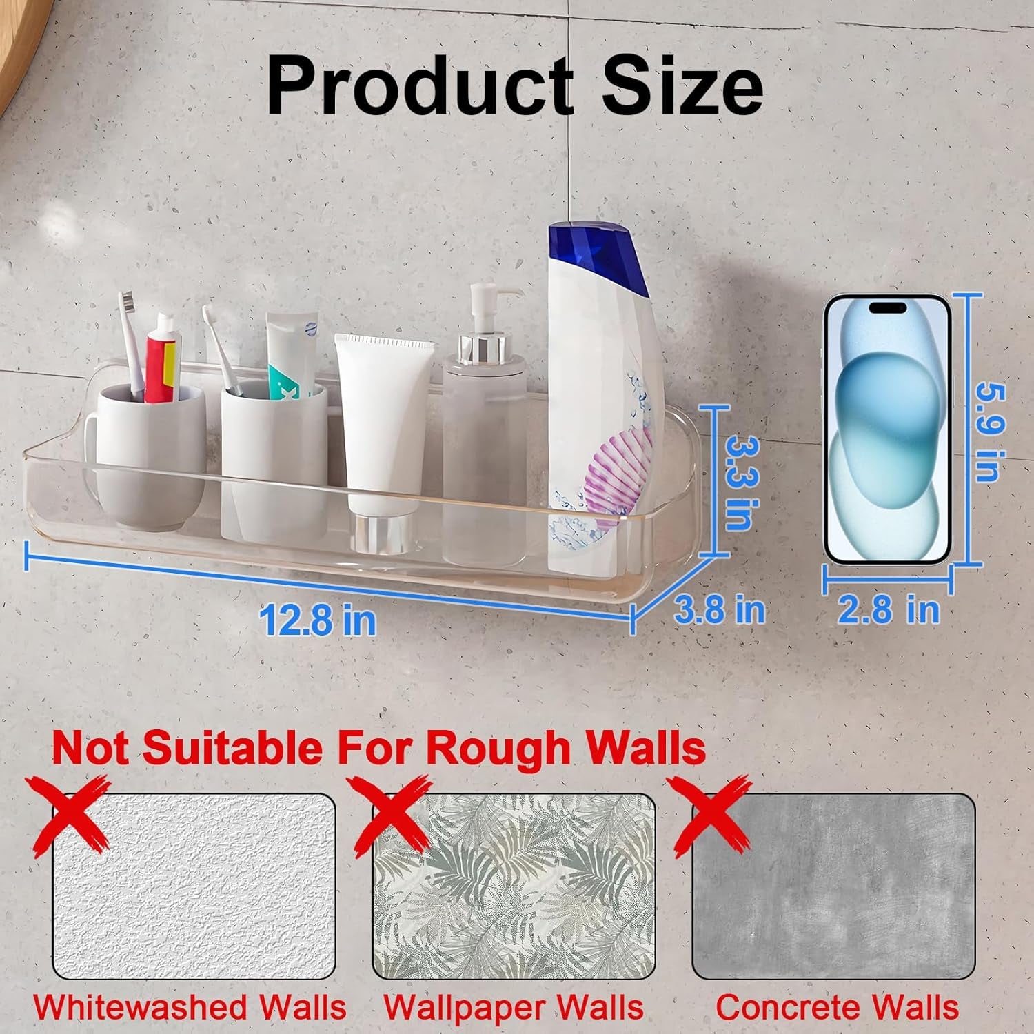 Acrylic Wall Mounted Shower Caddy, Clear, Large Size 4D X 12.8" W X 3.3" H, Acrylic Shelf, No Drilling Walls Adhesive Shelf, Bathroom Shelves with Self Adhesive Tape for Bathroom, Kitchen
