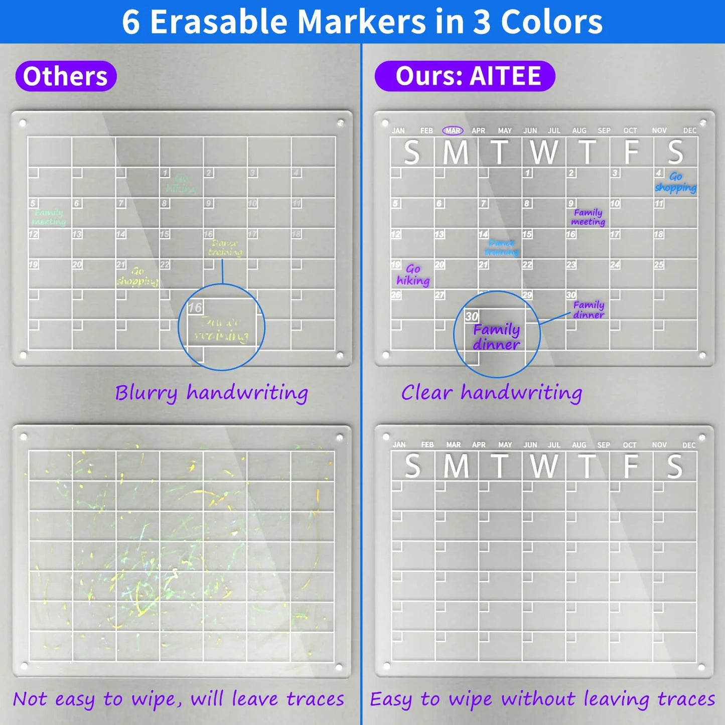 2 Pack 16"X 12" Acrylic Magnetic Dry Erase Calendar Board for Fridge, Monthly Clear Calendar for Refrigerator, Acrylic Whiteboard Memo Planning Board, Includes 6 Dry Erase Markers with 3 Colors