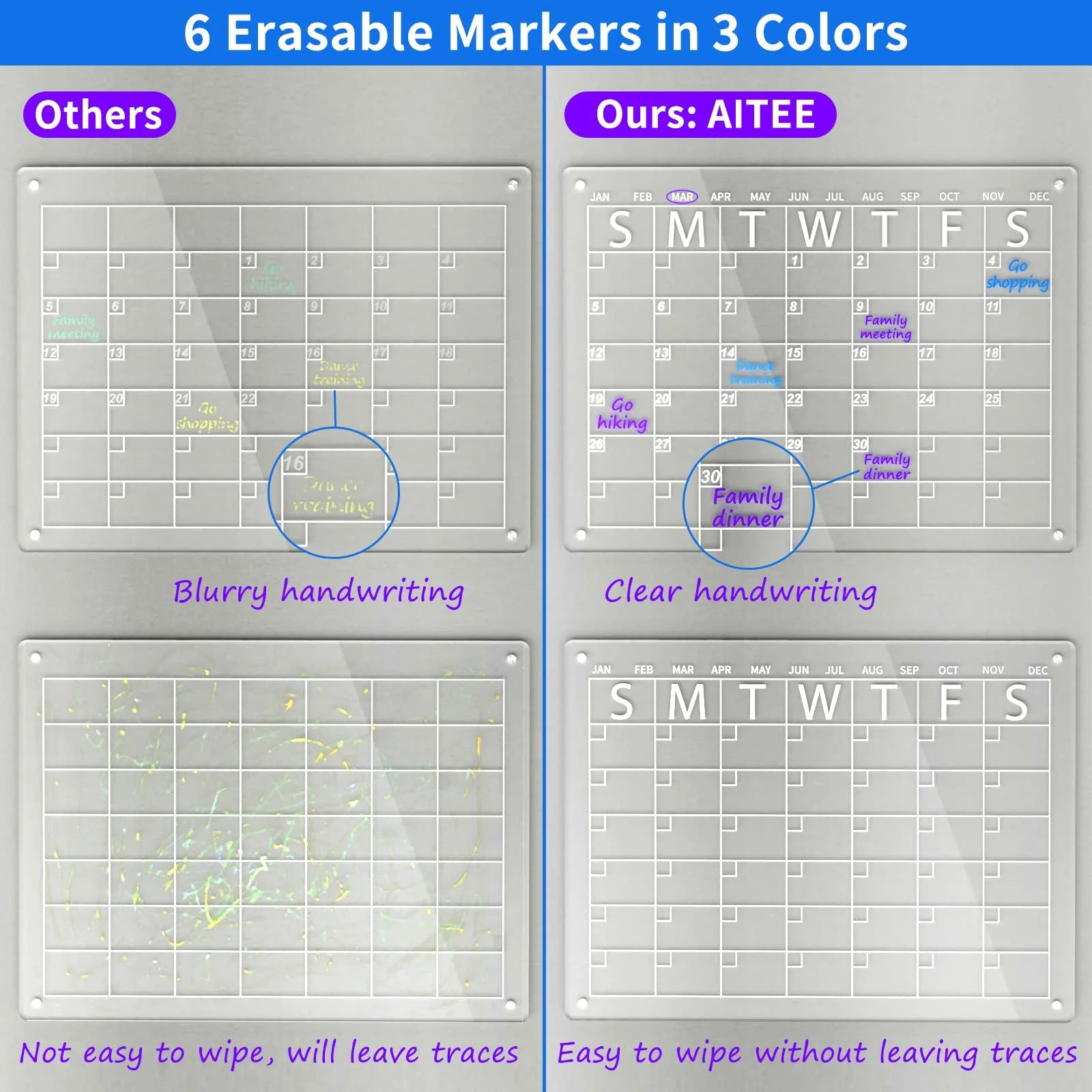 2 Pack 16"X 12" Acrylic Magnetic Dry Erase Calendar Board for Fridge, Monthly Clear Calendar for Refrigerator, Acrylic Whiteboard Memo Planning Board, Includes 6 Dry Erase Markers with 3 Colors