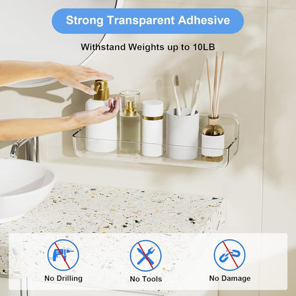 Acrylic Wall Mounted Shower Caddy, Clear, Large Size 4D X 12.8" W X 3.3" H, Acrylic Shelf, No Drilling Walls Adhesive Shelf, Bathroom Shelves with Self Adhesive Tape for Bathroom, Kitchen