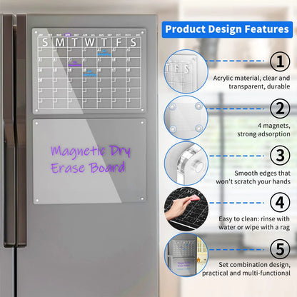 2 Pack 16"X 12" Acrylic Magnetic Dry Erase Calendar Board for Fridge, Monthly Clear Calendar for Refrigerator, Acrylic Whiteboard Memo Planning Board, Includes 6 Dry Erase Markers with 3 Colors