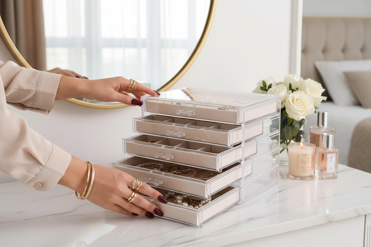 Extra Large Acrylic Jewelry Box for Women Girls 5 Layers Clear Velvet Earring Organizer with 5 Drawers Rings Display Case Necklaces Holder Tray (Beige)